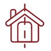 Red house icon with a downward arrow, indicating home security or smart home automation.