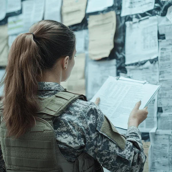 A female soldier studies documents on a wall covered in papers, holding a clipboard, deep in thought.