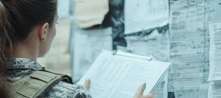A female soldier studies documents on a wall covered in papers, holding a clipboard, deep in thought.