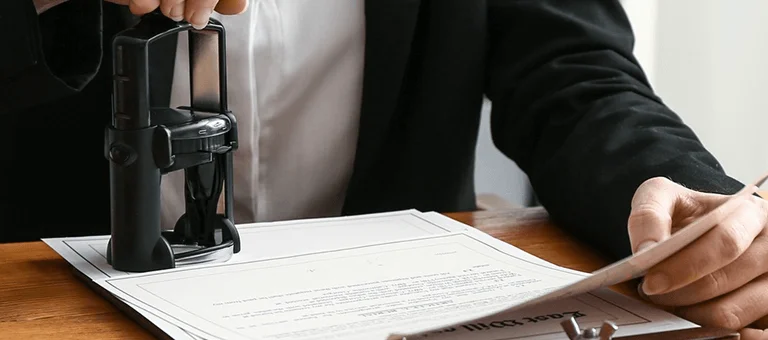A businessman in a suit using a seal stamp on a document while holding another paper, seated at a wooden desk.