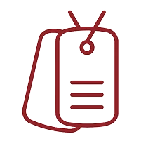 A minimalist outline of a tag with a string, featuring three horizontal lines representing text. The design is in a deep red color.