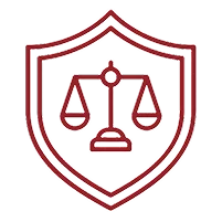 Red outline of a shield featuring a balanced scale symbolizing justice and protection.