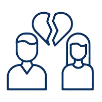 Two outlined figures representing a man and woman, with a broken heart icon above them, symbolizing heartbreak or separation.