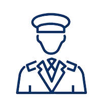 Line art illustration of a male officer in uniform with a hat, portraying authority and professionalism.