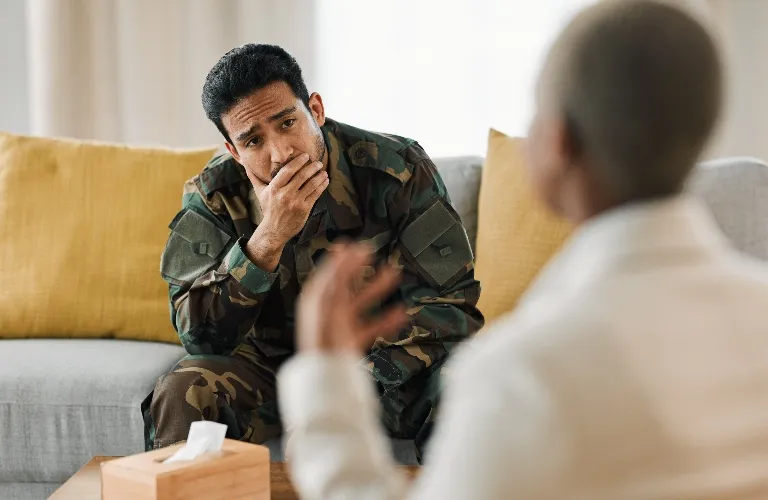 Military man is consulting with lawyer